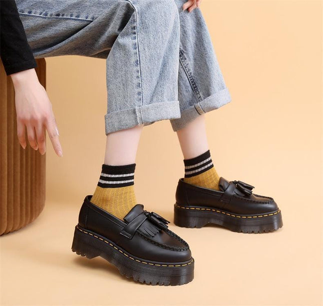 TALKLESSFASHION Leiyu tassel loafers, female genuine leather low-top small leather shoes, British fashion thick-soled student versatile casual shoes 5cm