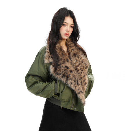 THETLSTUDIO Leopard-Collar Motor-Core Padded Jacket