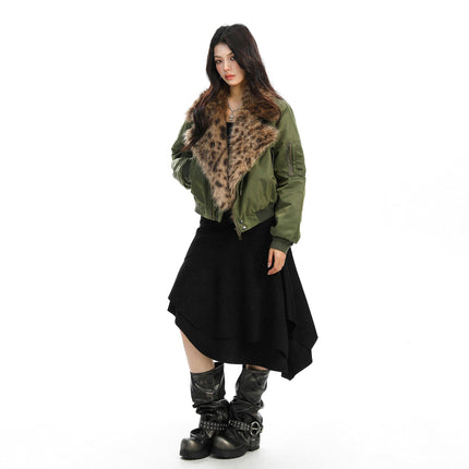 TALKLESSFASHION Leopard-Collar Motor-Core Padded Jacket