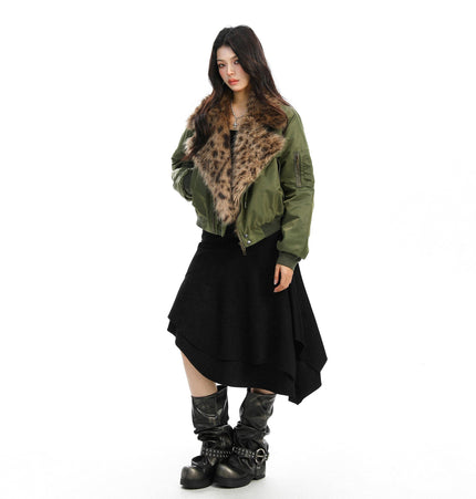 THETLSTUDIO Leopard-Collar Motor-Core Padded Jacket