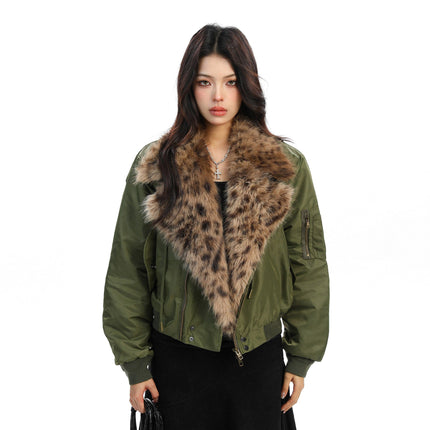 TALKLESSFASHION Leopard-Collar Motor-Core Padded Jacket