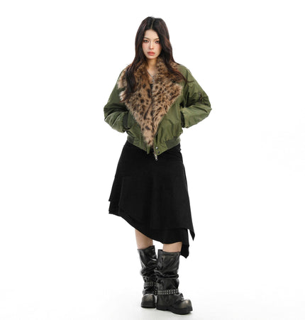 THETLSTUDIO Leopard-Collar Motor-Core Padded Jacket