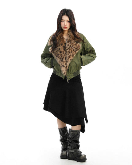 TALKLESSFASHION Leopard-Collar Motor-Core Padded Jacket