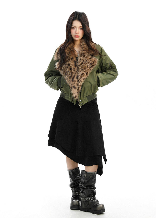 TALKLESSFASHION Leopard-Collar Motor-Core Padded Jacket