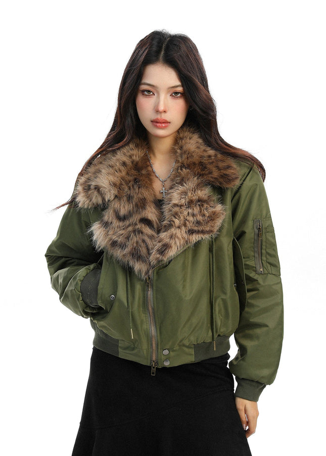 TALKLESSFASHION Leopard-Collar Motor-Core Padded Jacket