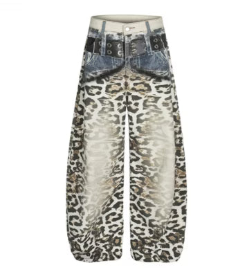 TALKLESSFASHION Leopard Print Scimitar Wide-Leg Jeans