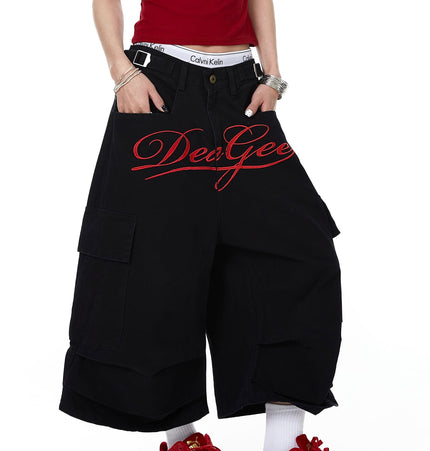 TALKLESSFASHION Letter Embroidery Design Cargo Cropped Pants
