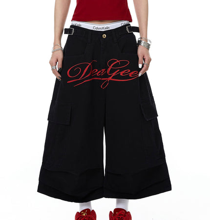 TALKLESSFASHION Letter Embroidery Design Cargo Cropped Pants