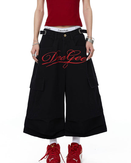 TALKLESSFASHION Letter Embroidery Design Cargo Cropped Pants
