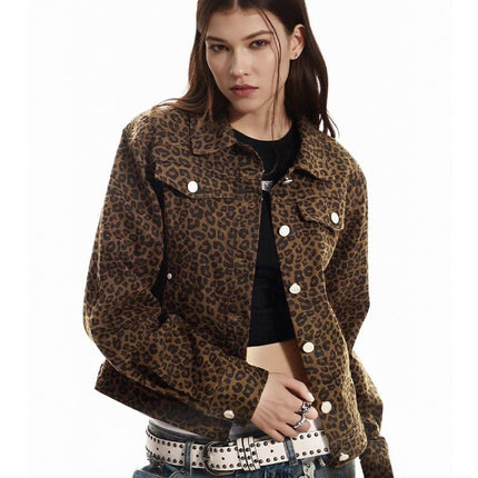 TALKLESSFASHION Light Yao Women's Clothing|American Retro Lapel Leopard Print Short Jacket Jacket Women's Slim Slim Slim Niche Design Top