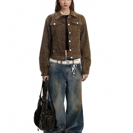 TALKLESSFASHION Light Yao Women's Clothing|American Retro Lapel Leopard Print Short Jacket Jacket Women's Slim Slim Slim Niche Design Top