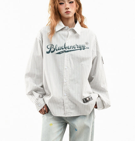 THETLSTUDIO M / apricot OV original American vintage vertical stripe letter print long sleeve shirt women's spring loose casual couple shirt men