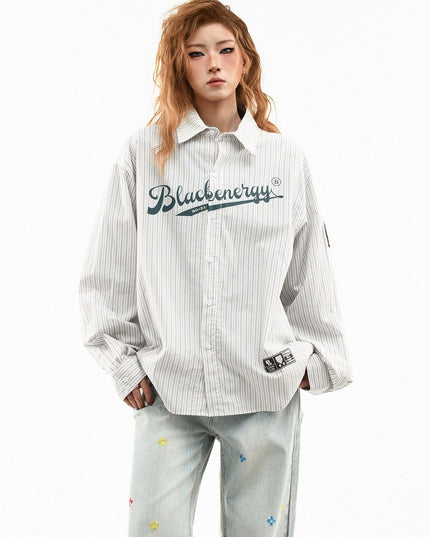 TALKLESSFASHION M / apricot OV original American vintage vertical stripe letter print long sleeve shirt women's spring loose casual couple shirt men