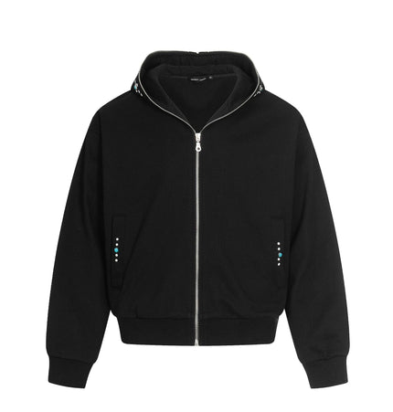 TALKLESSFASHION M / black 0267 American retro trend men's and women's turquoise design solid color men's zipper short and wide hooded sweatshirt