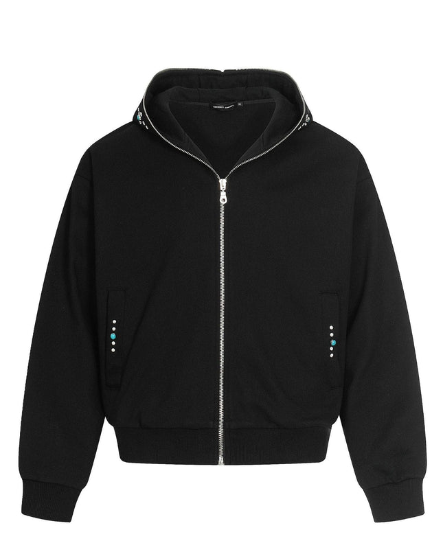 TALKLESSFASHION M / black 0267 American retro trend men's and women's turquoise design solid color men's zipper short and wide hooded sweatshirt