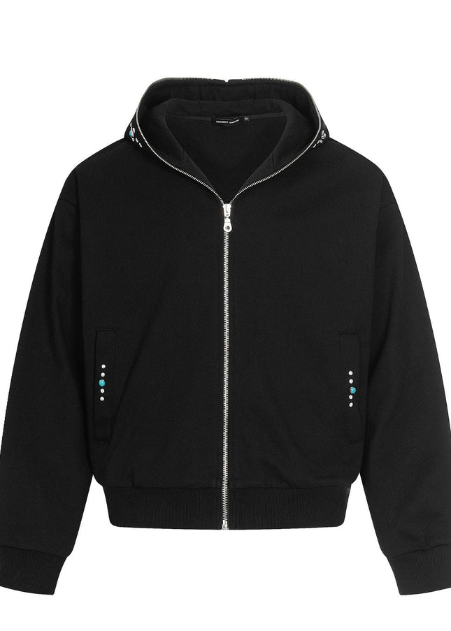 TALKLESSFASHION M / black 0267 American retro trend men's and women's turquoise design solid color men's zipper short and wide hooded sweatshirt