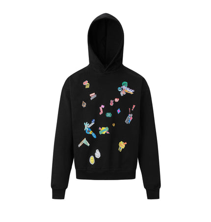 THETLSTUDIO M / black 27412 American retro neutral high-end fun sticker print design men's heavy loose hooded sweatshirt