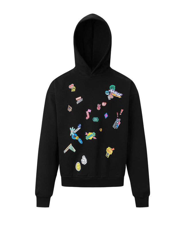 TALKLESSFASHION M / black 27412 American retro neutral high-end fun sticker print design men's heavy loose hooded sweatshirt