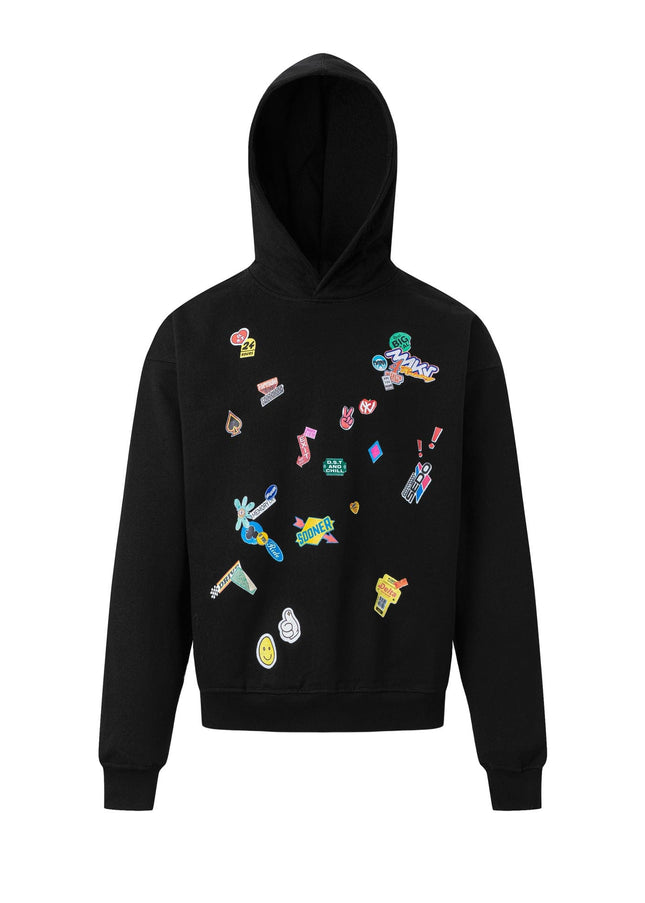 TALKLESSFASHION M / black 27412 American retro neutral high-end fun sticker print design men's heavy loose hooded sweatshirt