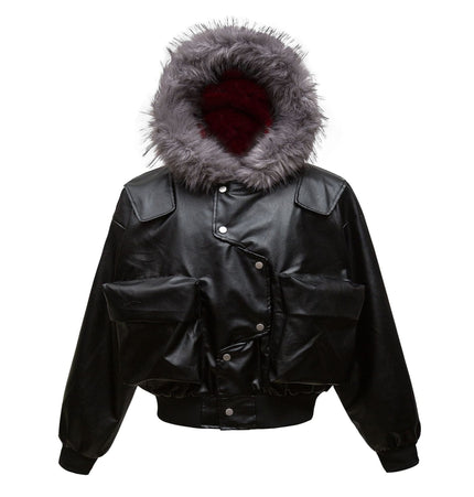 TALKLESSFASHION M / black Big Fur Collar PU Leather Puffer