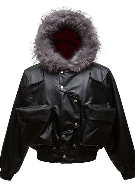 THETLSTUDIO M / black Big Fur Collar PU Leather Puffer