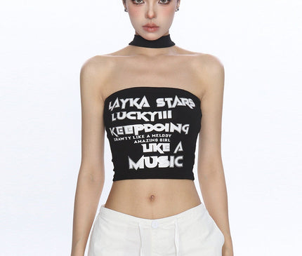 TALKLESSFASHION M / black BIGGOLD American hot girl letter halterneck bandeau vest women's summer design sense personality slimming slimming top