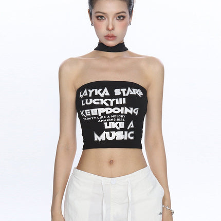 TALKLESSFASHION M / black BIGGOLD American hot girl letter halterneck bandeau vest women's summer design sense personality slimming slimming top