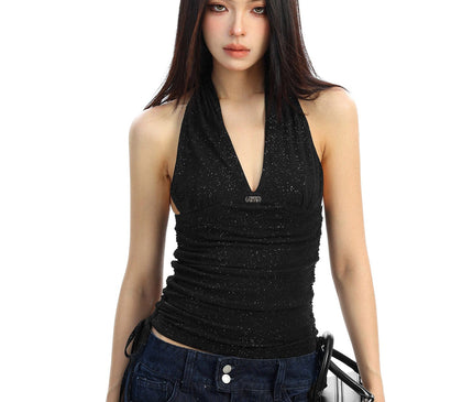 TALKLESSFASHION M / black BIGGOLD hot girl pure desire backless V-neck red neck camisole female slim waist short sleeveless top