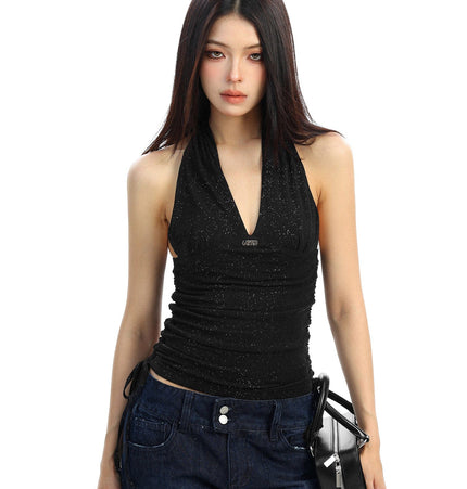 TALKLESSFASHION M / black BIGGOLD hot girl pure desire backless V-neck red neck camisole female slim waist short sleeveless top