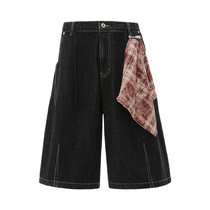 TALKLESSFASHION M / black BLACKLISTS American Retro Detachable Square Scarf Natural Color Denim Shorts Men's and Women's Straight Wide-Leg Cropped Pants Summer
