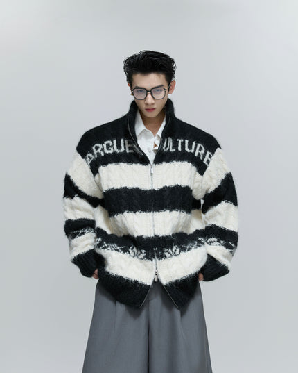 TALKLESSFASHION M / Black Contrast Coarse-Needle Knitted Cardigan