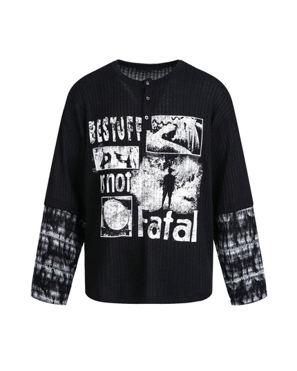 TALKLESSFASHION M / black EON 26 Spring New Spot American Street Chao Gao Street Pit Texture Stitching Print Long Sleeve T-Shirt Men