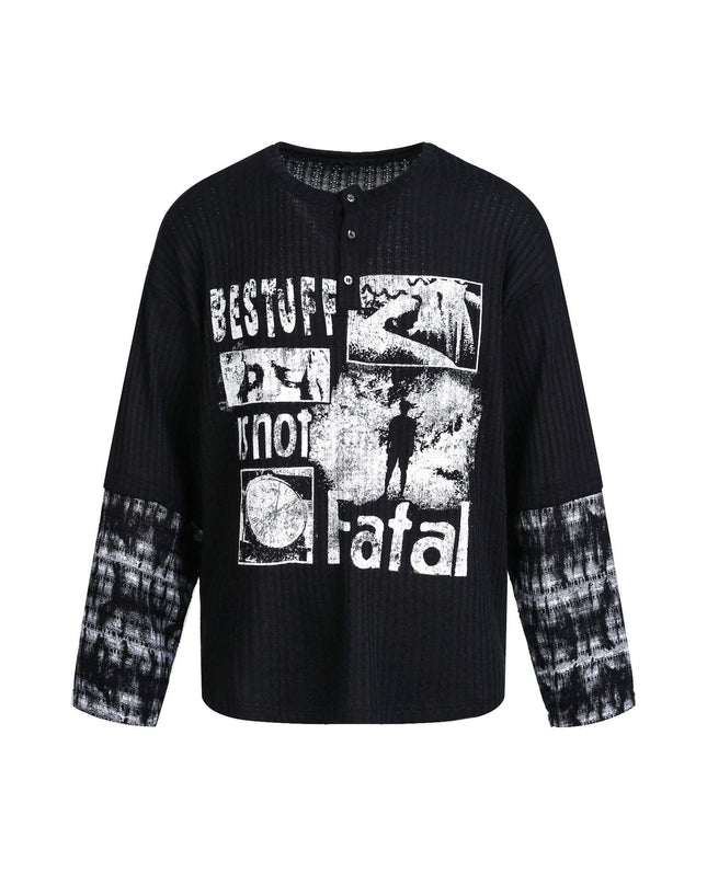TALKLESSFASHION M / black EON 26 Spring New Spot American Street Chao Gao Street Pit Texture Stitching Print Long Sleeve T-Shirt Men