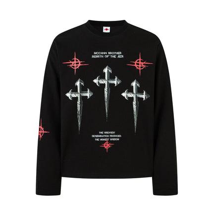 THETLSTUDIO M / black Hip-Hop Dark Cross Graphic Long Sleeve Tee