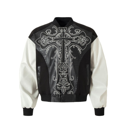 TALKLESSFASHION M / black Jiaqing Varsity Jacket Halloween cross embroidered vintage patchwork leather jacket baseball jacket