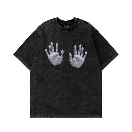 TALKLESSFASHION M / black Jiaqlo men's 2025 spring and summer new American street fashion brand wash worn-out hand print short sleeve T-shirt men
