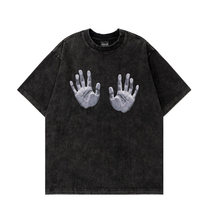 THETLSTUDIO M / black Jiaqlo men's 2025 spring and summer new American street fashion brand wash worn-out hand print short sleeve T-shirt men