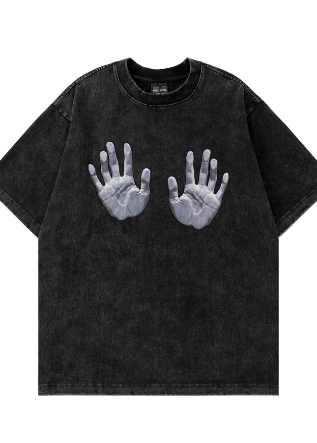 TALKLESSFASHION M / black Jiaqlo men's 2025 spring and summer new American street fashion brand wash worn-out hand print short sleeve T-shirt men