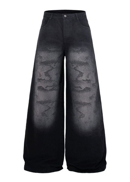 THETLSTUDIO M / black Jiayiku's 2026 new arrivals, American high street RO style, heavy washed wide-leg jeans, loose python pattern floor-length pants