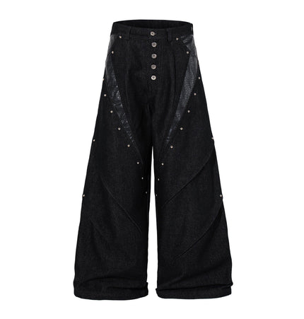 THETLSTUDIO M / black Jiayiku's 2026 new arrivals, American high street RO style, special-shaped deconstruction, motorcycle-style personalized jeans, loose wide-leg pants