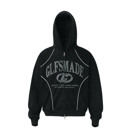 THETLSTUDIO M / black JW302 American Trend Suede Suede Vintage Structure Printed Design Short and Wide Men's Hooded Cardigan Sweatshirt