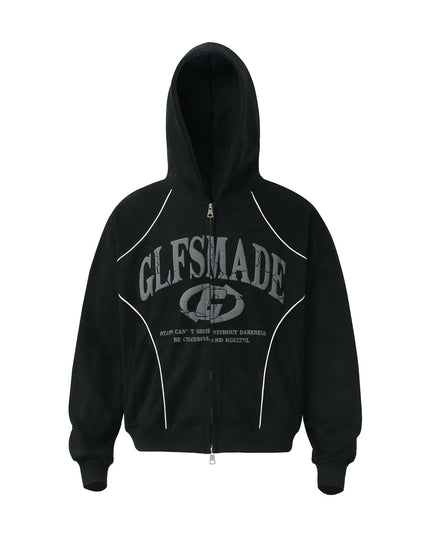 TALKLESSFASHION M / black JW302 American Trend Suede Suede Vintage Structure Printed Design Short and Wide Men's Hooded Cardigan Sweatshirt
