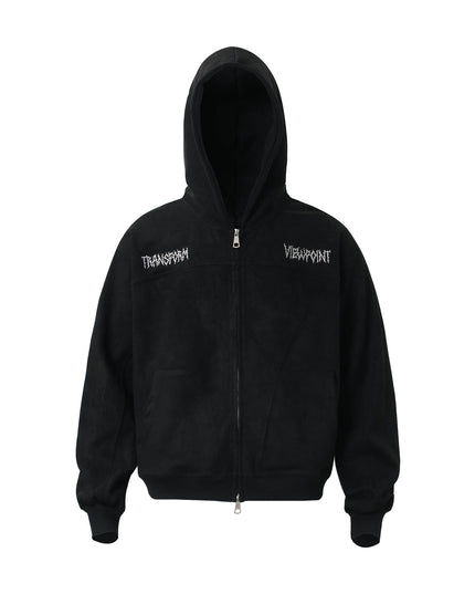 TALKLESSFASHION M / black JW305 American Trend Suede Vintage Structure Embroidery Pattern Design Short and Wide Men's Hooded Cardigan Sweatshirt
