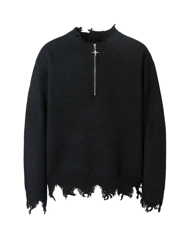 TALKLESSFASHION M / Black Knitted Top Irregular Bottom Pullover—7110