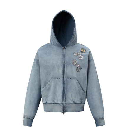 THETLSTUDIO M / blue 27362 American trend washed and worn print design short and wide men's hooded cardigan sweatshirt jacket