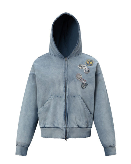 TALKLESSFASHION M / blue 27362 American trend washed and worn print design short and wide men's hooded cardigan sweatshirt jacket