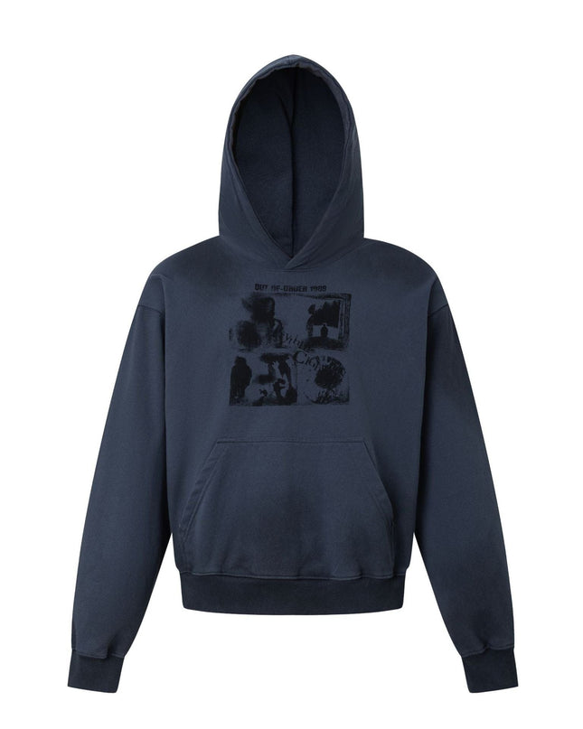 TALKLESSFASHION M / blue 27415 American street trend neutral trend print old-feeling spray horse design short and wide men's hooded sweatshirt