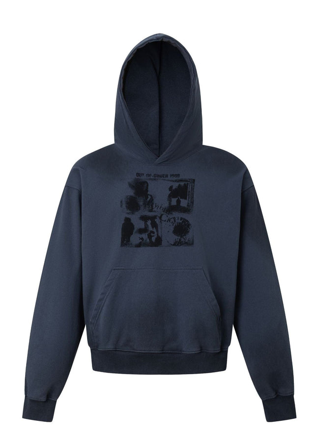 TALKLESSFASHION M / blue 27415 American street trend neutral trend print old-feeling spray horse design short and wide men's hooded sweatshirt