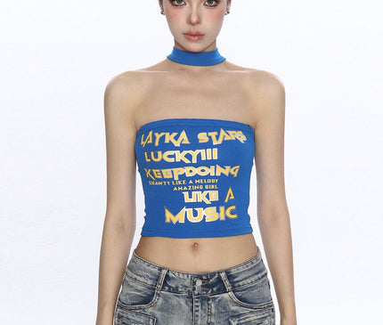 TALKLESSFASHION M / blue BIGGOLD American hot girl letter halterneck bandeau vest women's summer design sense personality slimming slimming top