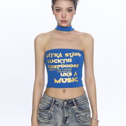 TALKLESSFASHION M / blue BIGGOLD American hot girl letter halterneck bandeau vest women's summer design sense personality slimming slimming top